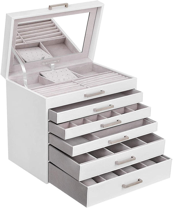 SONGMICS Jewelry Organizer Box - Portable 6-Tier Case with Varying Compartments for Necklaces, Bracelets, Rings - White Synthetic Leather Exterior, Velvet Interior, Sturdy MDF Frame