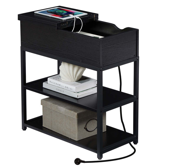 Casadiso 3-Tier Sofa Side Table with Charging Station Narrow Coffee Table with Drawer Black USB Power Board (Saiph)