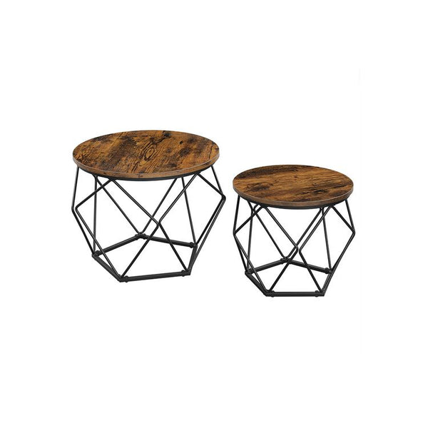 VASAGLE Round Coffee Table Set - Industrial Design Rustic Brown and Black Side Tables - 2-Piece Cocktail Table Set for Living Room