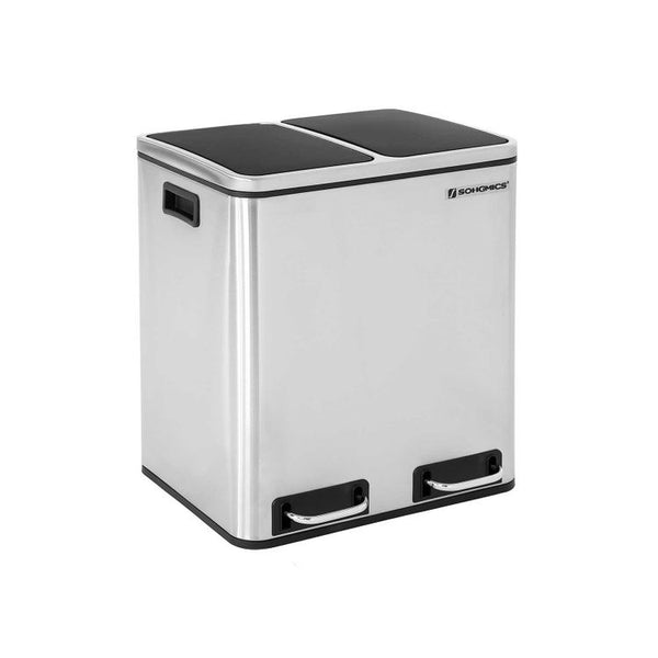 SONGMICS Dual Kitchen Bin Rubbish Bin 2 x 15 L Waste Separation System with 2 Inner Buckets Silver